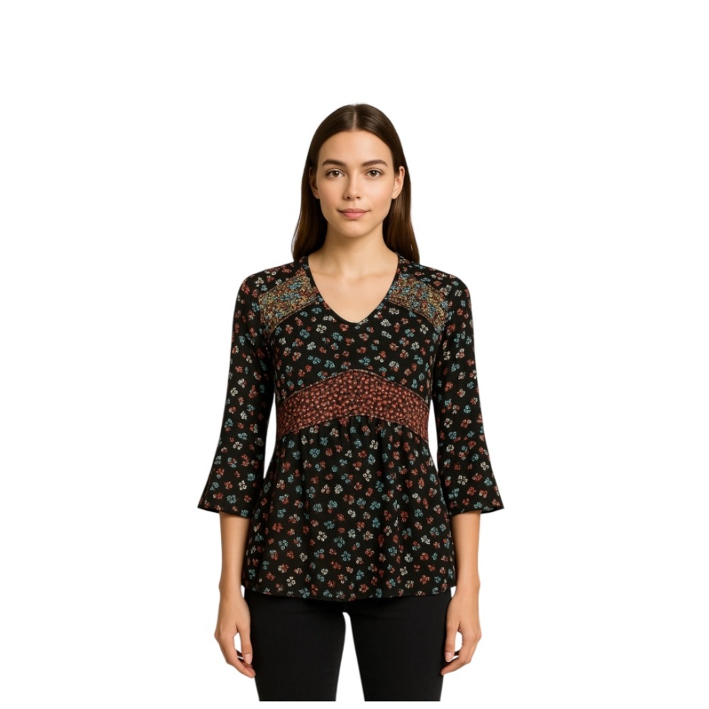 ZARA Boho Floral Print Blouse Black Multicolor Size XS
